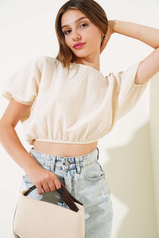 Chemise courte en lin froissé beige