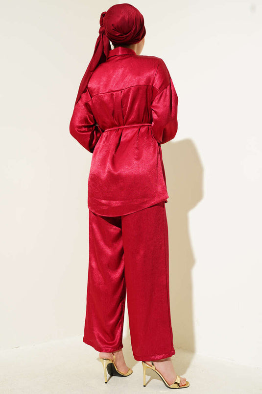 Wrinkled Satin Rope Belted Two Piece Suit Claret Red