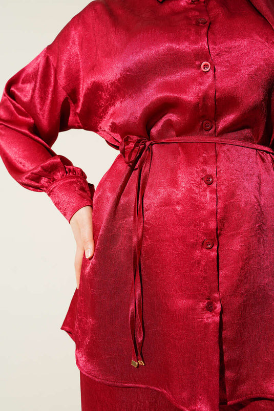Wrinkled Satin Rope Belted Two Piece Suit Claret Red