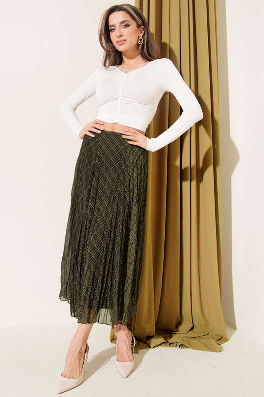 Wrinkled Chiffon Checked Midi Skirt Khaki