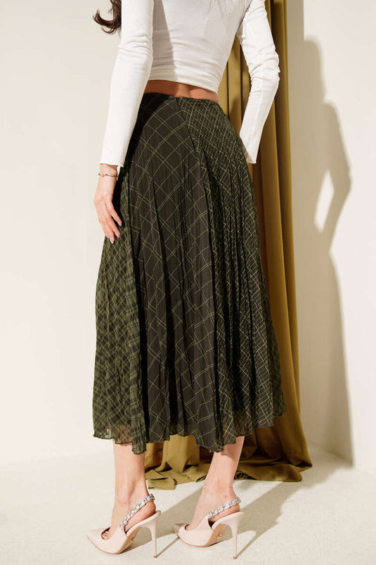 Wrinkled Chiffon Checked Midi Skirt Khaki