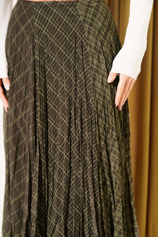 Wrinkled Chiffon Checked Midi Skirt Khaki