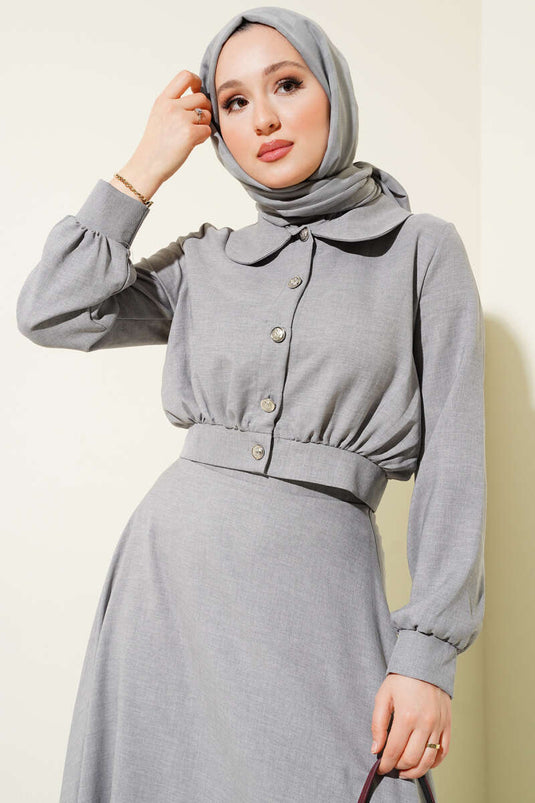 Short Jacket Buttoned Skirt Two Piece Suit Gray