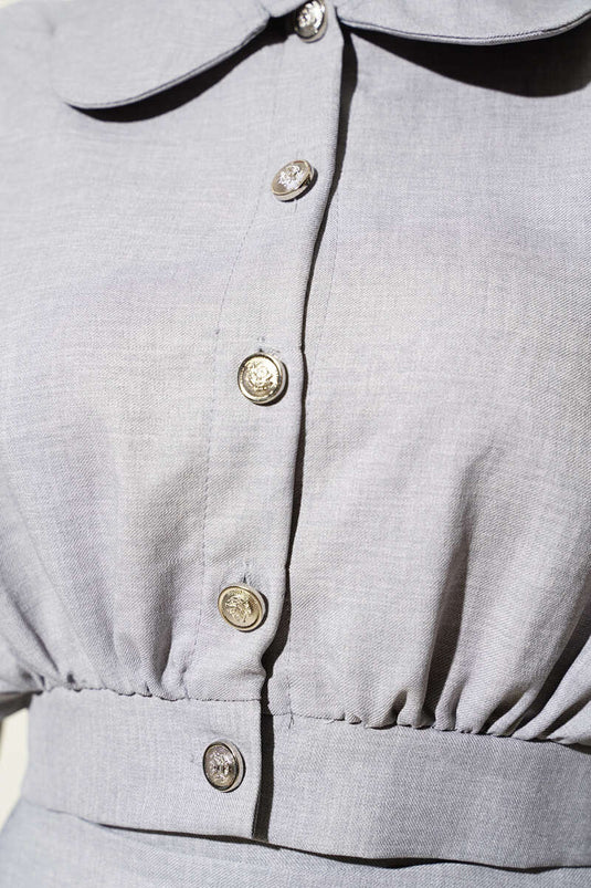 Short Jacket Buttoned Skirt Two Piece Suit Gray