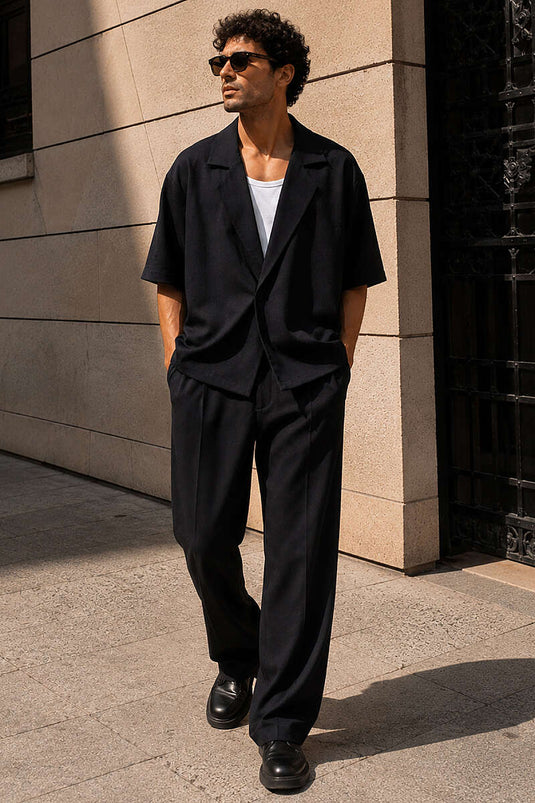 Completo Uomo A Due Pezzi Con Pantaloni Baggy E Maniche Corte, Nero