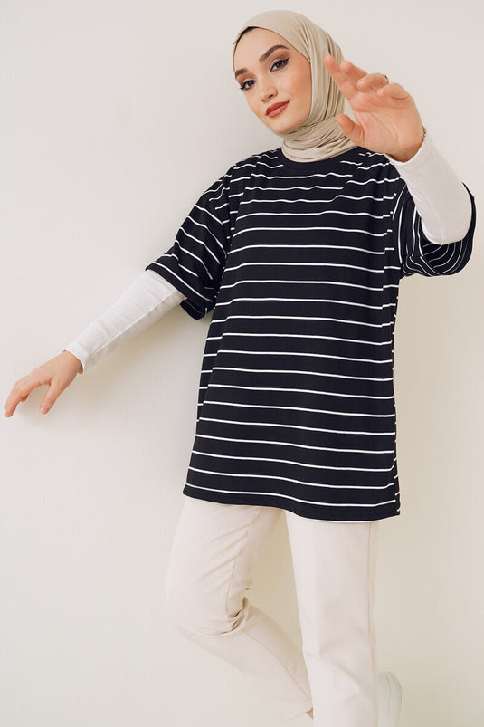 Basic Gestreept T-shirt met korte mouwen, zwart