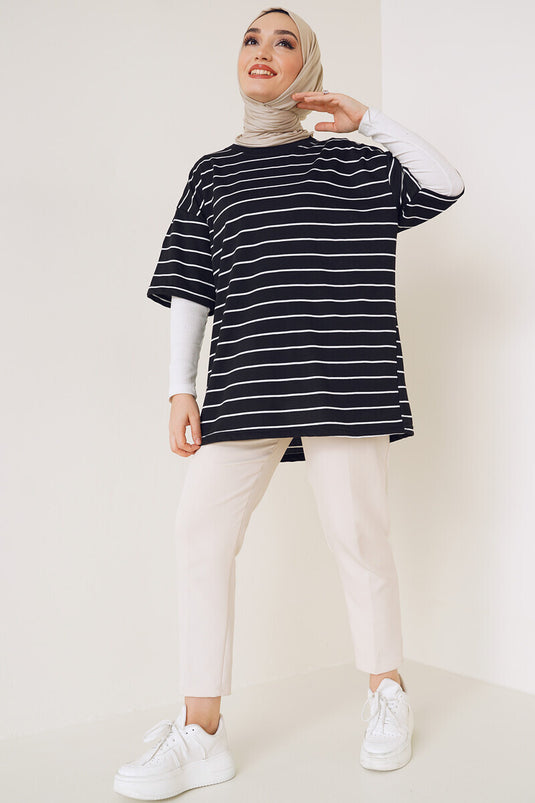 Basic Gestreept T-shirt met korte mouwen, zwart