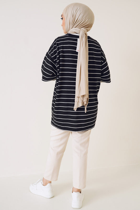 Basic Gestreept T-shirt met korte mouwen, zwart