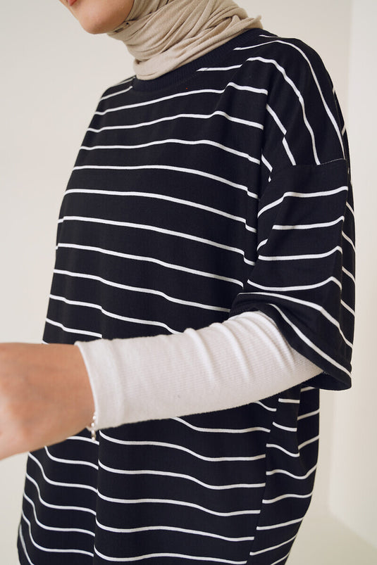 Basic Gestreept T-shirt met korte mouwen, zwart