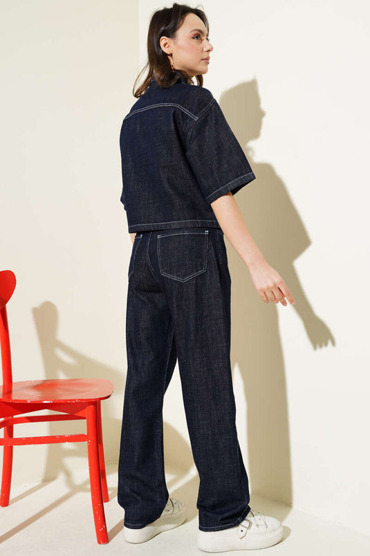 Short Sleeve Jacket Denim Two Piece Set Dark Navy Blue