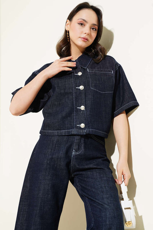 Short Sleeve Jacket Denim Two Piece Set Dark Navy Blue