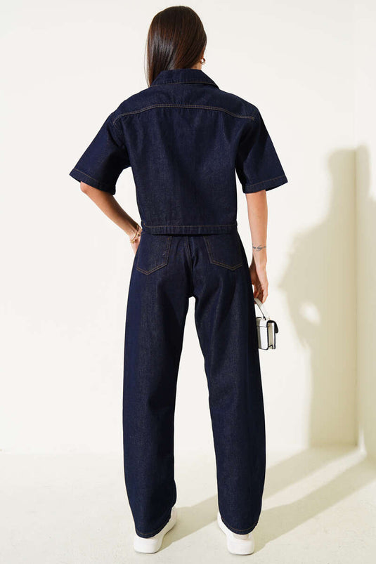 Short Sleeve Jacket and Denim Two Piece Suit Navy Blue