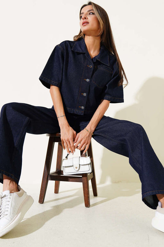 Short Sleeve Jacket and Denim Two Piece Suit Navy Blue