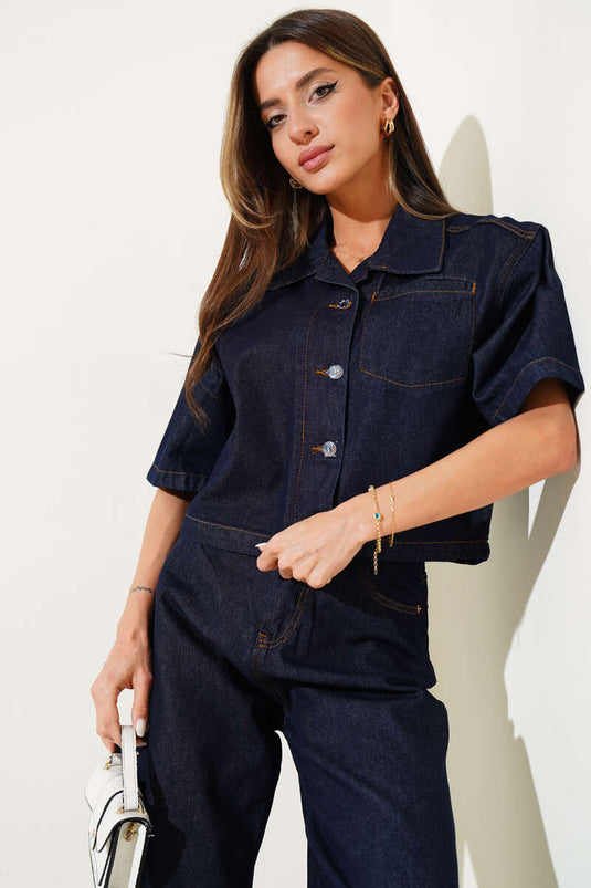 Short Sleeve Jacket and Denim Two Piece Suit Navy Blue
