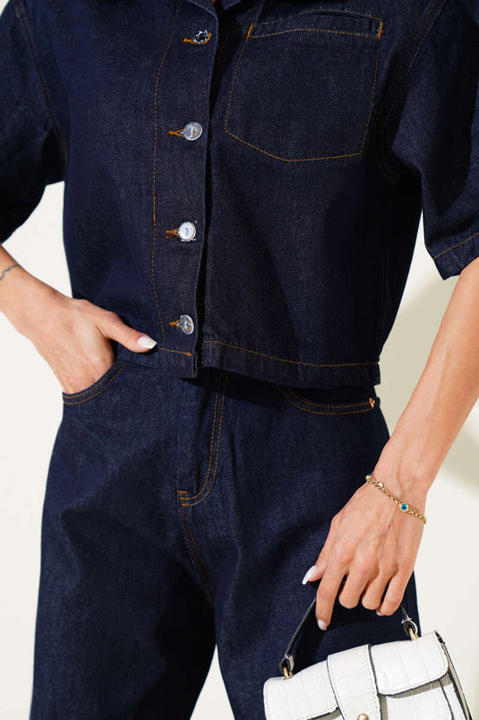 Short Sleeve Jacket and Denim Two Piece Suit Navy Blue