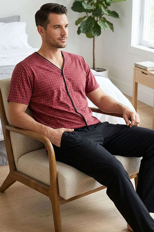 Pyjama pour homme à manches courtes, à motifs, avec boutons, couleur bordeaux