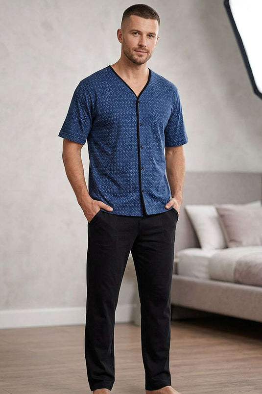 Ensemble pyjama homme à manches courtes avec boutons et motif, bleu marine