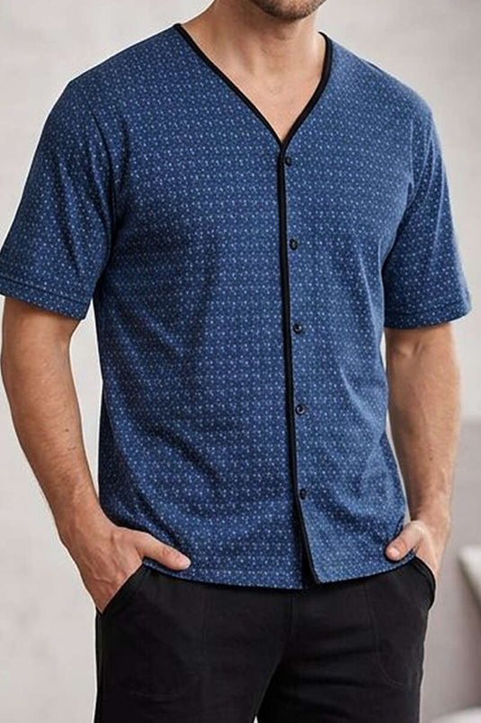 Ensemble pyjama homme à manches courtes avec boutons et motif, bleu marine