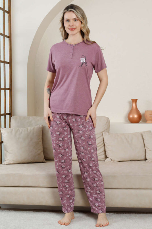 Short Sleeve Buttoned Patterned Pajama Set Dusty Rose