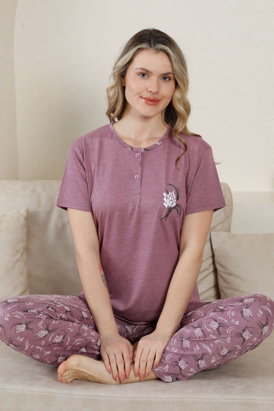 Short Sleeve Buttoned Patterned Pajama Set Dusty Rose