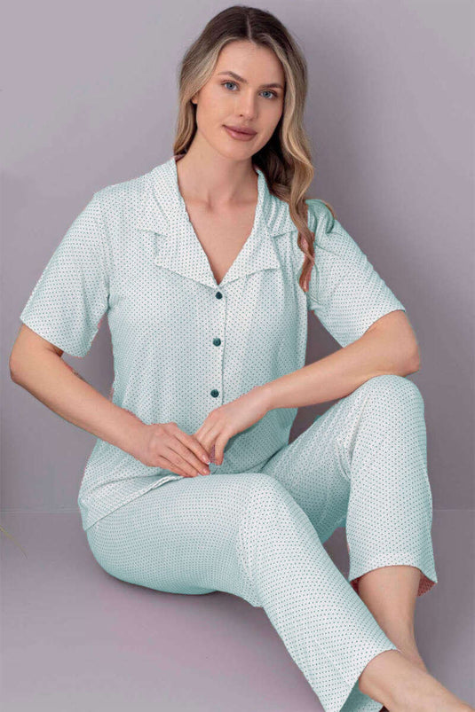 Short Sleeve Buttoned Polka Dot Pajama Set Mint