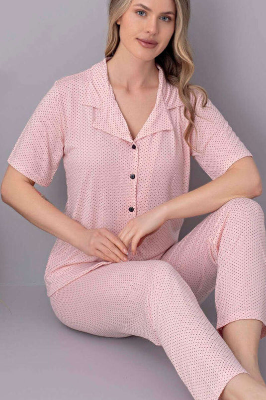 Short Sleeve Buttoned Polka Dot Pajama Set Kitten Mouth