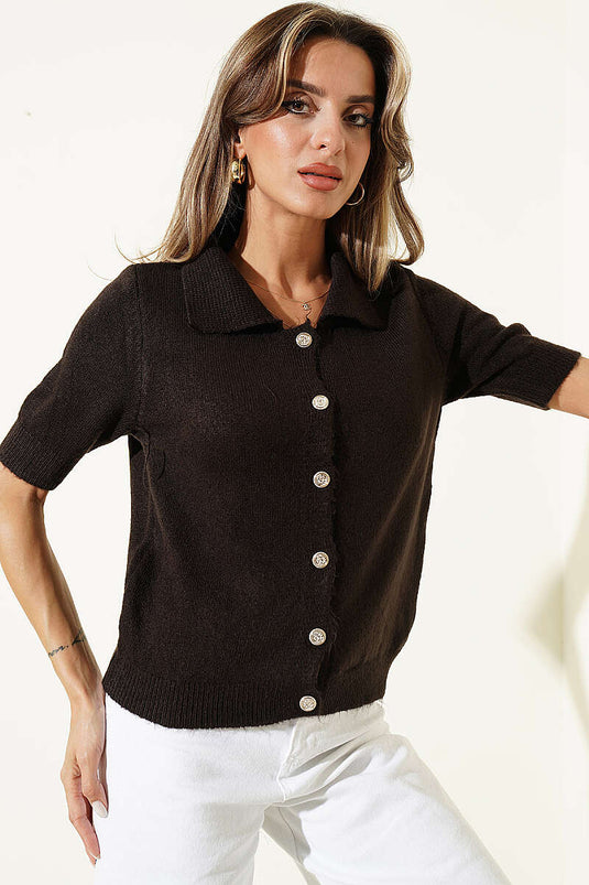 Gilet En Maille À Manches Courtes Et Boutons En Brun Épicé