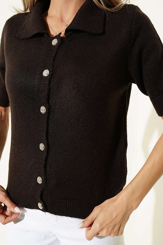 Gilet En Maille À Manches Courtes Et Boutons En Brun Épicé