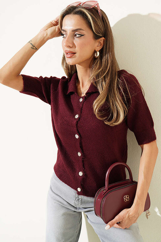 Kurzärmliger Bordeaux Strickcardigan Mit Knöpfen