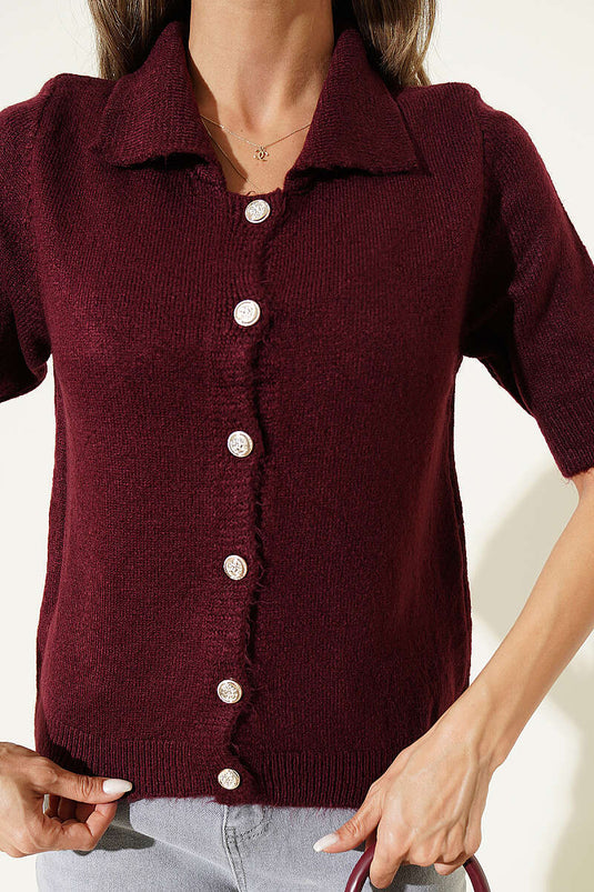 Kurzärmliger Bordeaux Strickcardigan Mit Knöpfen