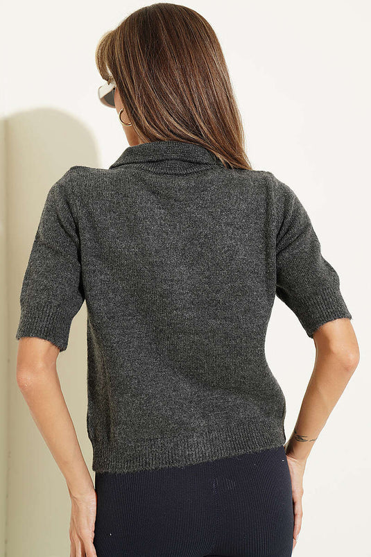 Kurzarm Knitted Cardigan Mit Knöpfen, Rauchgrau