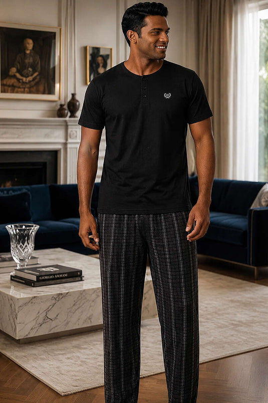 Ensemble pyjama homme à manches courtes, motif à carreaux, anthracite