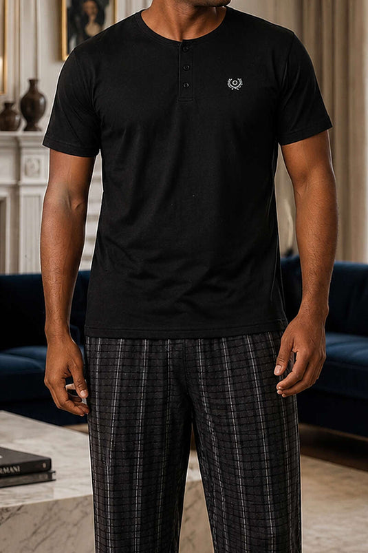 Ensemble pyjama homme à manches courtes, motif à carreaux, anthracite