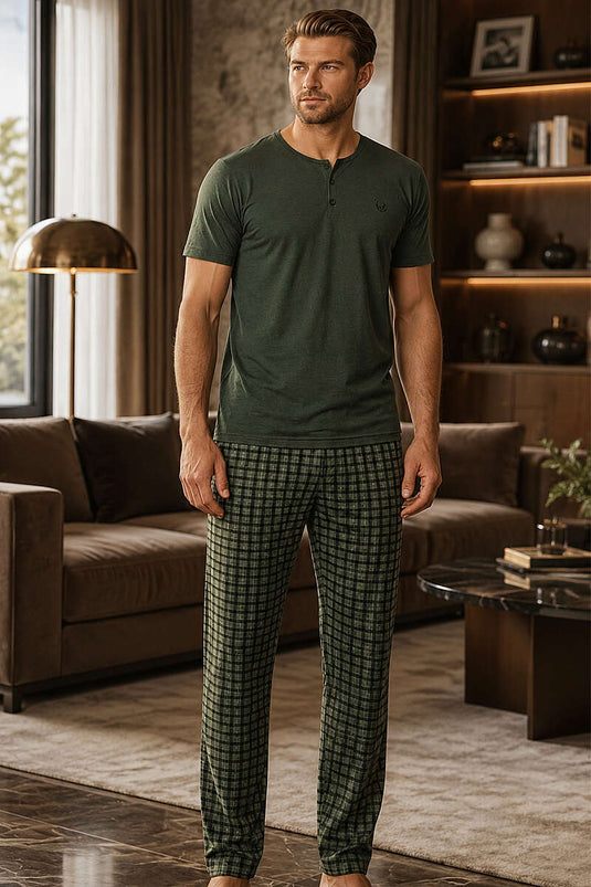 Ensemble pyjama homme kaki à manches courtes avec motif à carreaux rayés