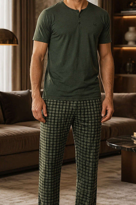 Ensemble pyjama homme kaki à manches courtes avec motif à carreaux rayés
