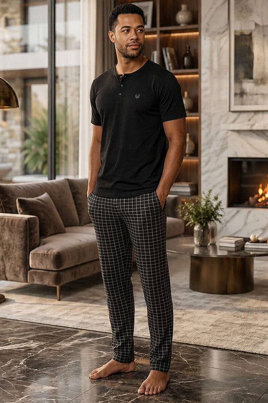 Kısa Kol Kare Çizgi Desen Erkek Pijama Takımı Siyah