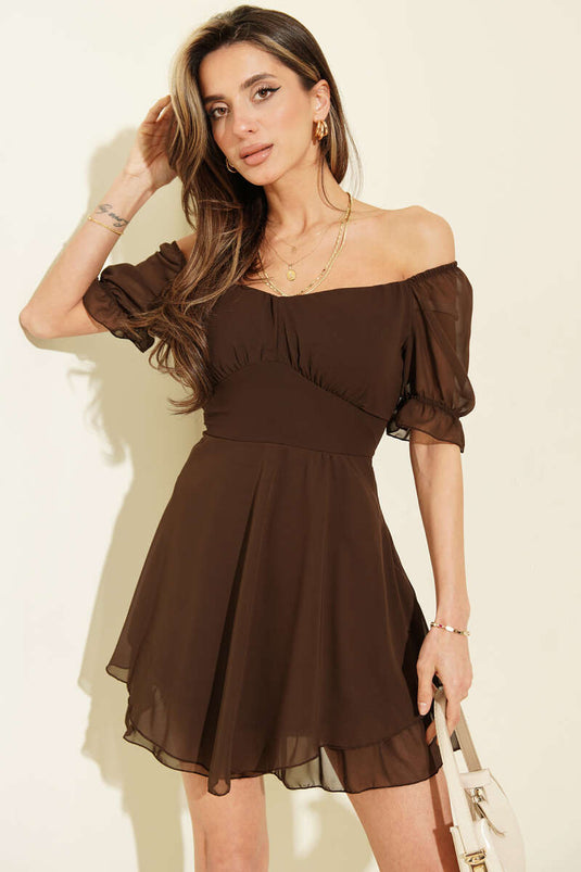 Kısa Kol Şifon Mini Elbise Kahve