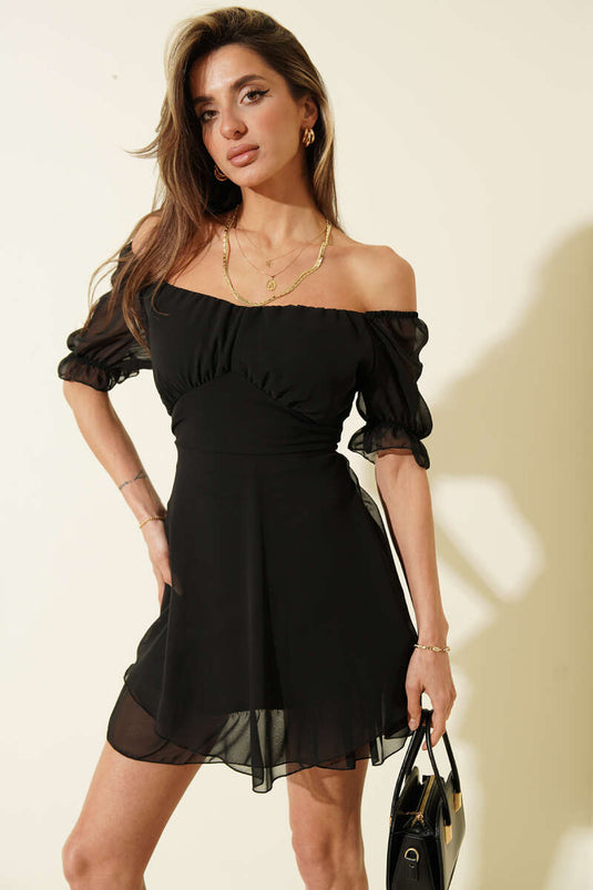 Kısa Kol Şifon Mini Elbise Siyah