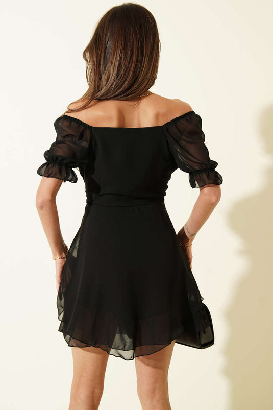 Kısa Kol Şifon Mini Elbise Siyah