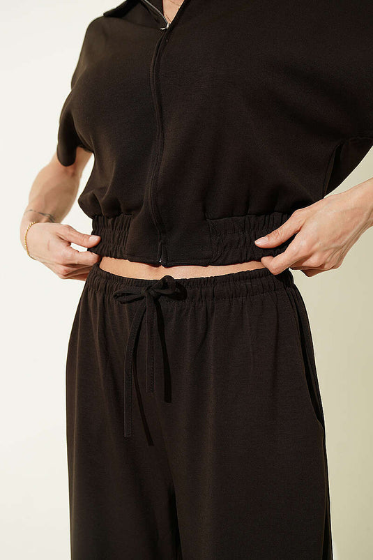 Ensemble deux pièces à manches courtes avec taille élastique, couleur marron foncé