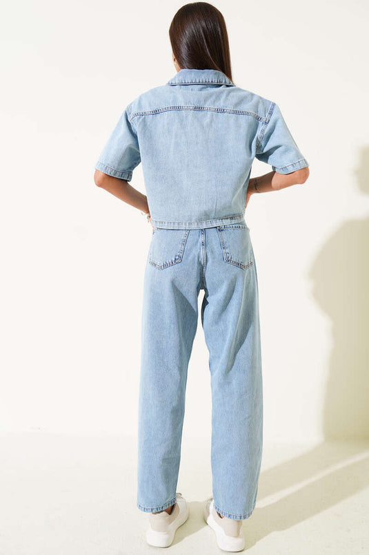 Short Sleeve Jacket Denim Two Piece Set Light Blue