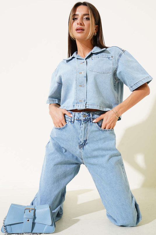 Short Sleeve Jacket Denim Two Piece Set Light Blue