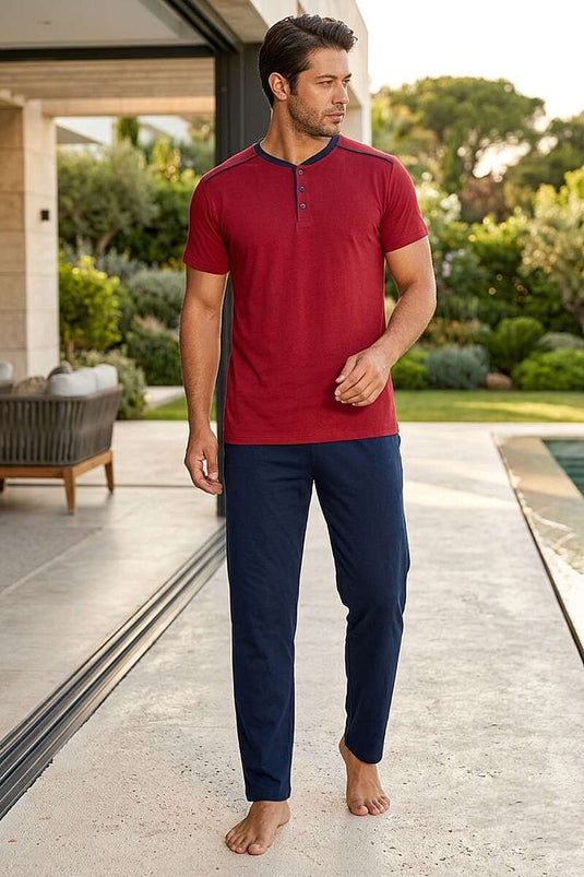 Kısa Kollu Düğmeli Erkek Pijama Takımı Bordo