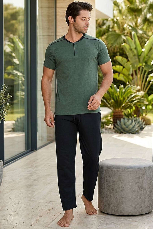 Kısa Kollu Düğmeli Erkek Pijama Takımı Haki