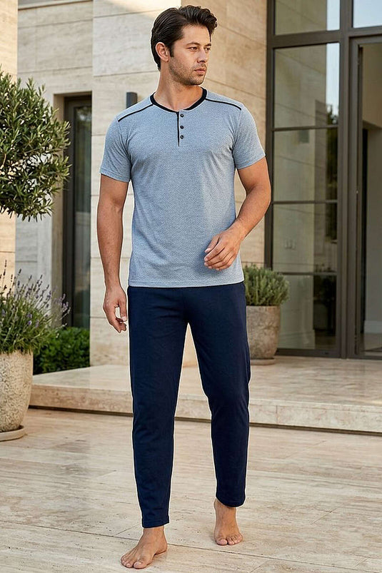 Kısa Kollu Düğmeli Erkek Pijama Takımı Mavi