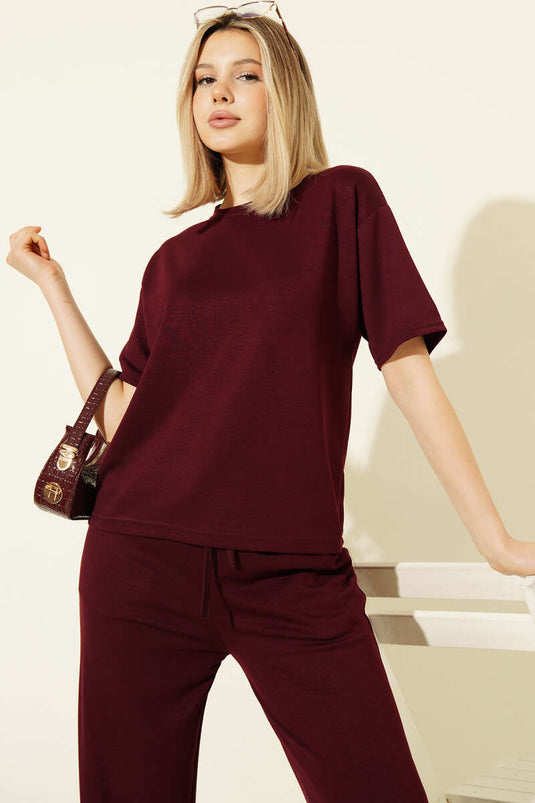 Short Sleeve Loyşa T-shirt Two-Piece Set Burgundy