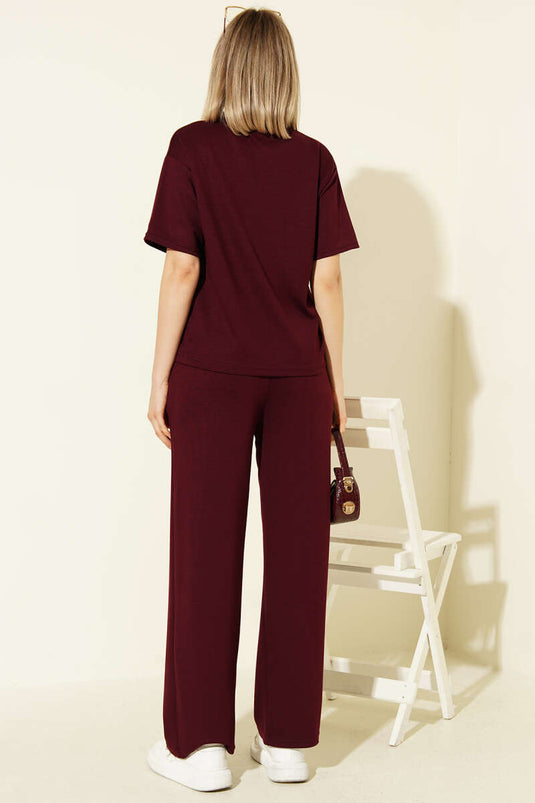Short Sleeve Loyşa T-shirt Two-Piece Set Burgundy