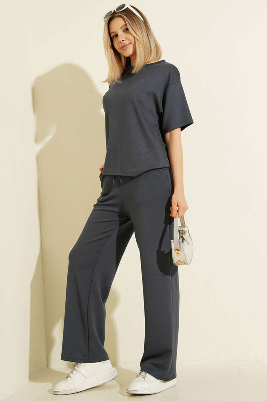 Short-Sleeved Loyşa T-shirt Two-Piece Set Smoke Gray