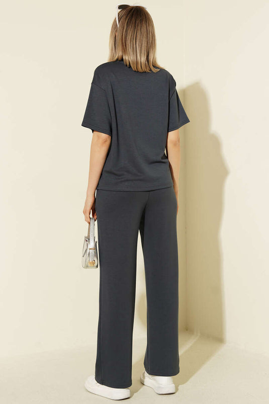Short-Sleeved Loyşa T-shirt Two-Piece Set Smoke Gray