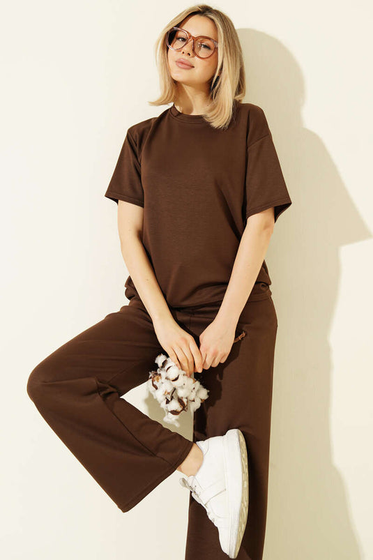Short-Sleeved Loyşa T-shirt Two-Piece Set Brown